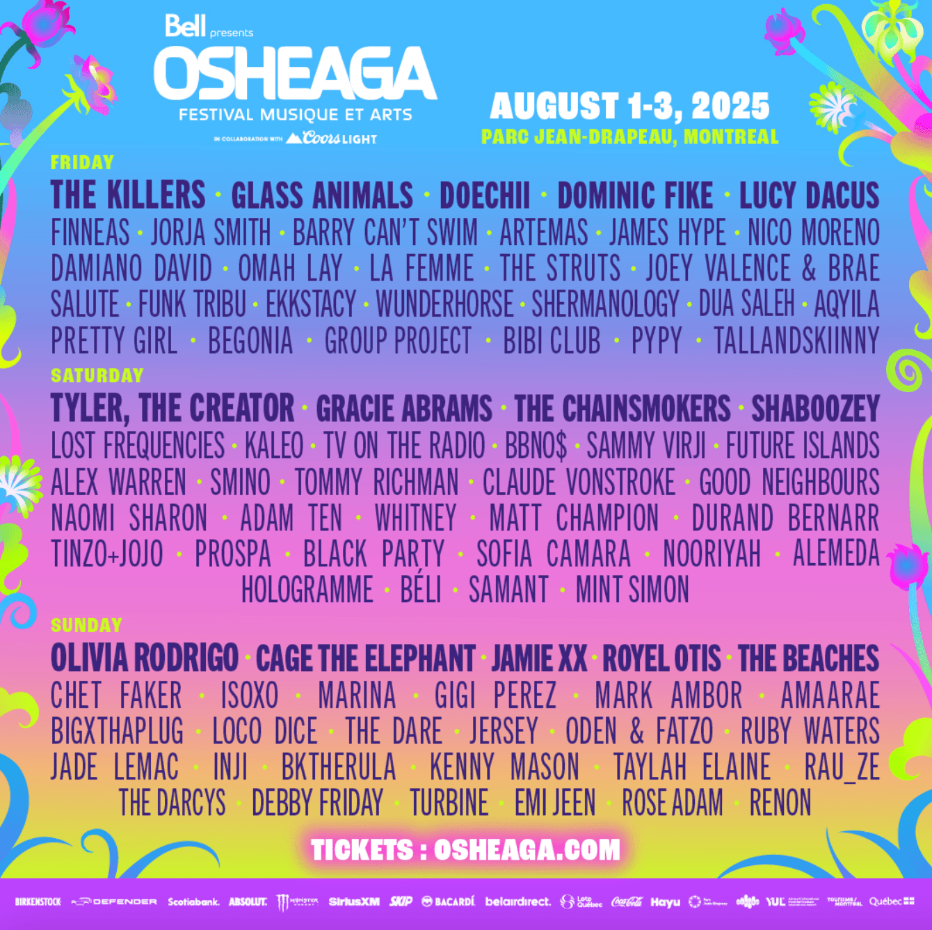 Colorful Osheaga poster for the 2025 Festival, featuring headliners The Killers, Tyler, The Creator, and Olivia Rodrigo. Many more artists’ names and festival details appear on a vibrant floral background.